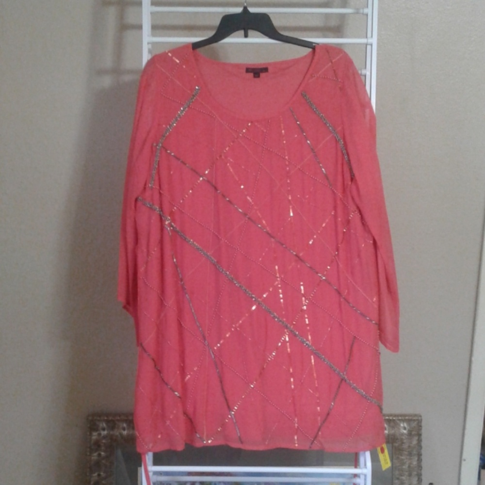 ❣NWT Embellished Dark Coral Glass Beaded Tunic Top